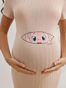 SHEIN Maternity Cartoon Print Short Sleeve Slim Fit Casual Dress - Apricot - View 5