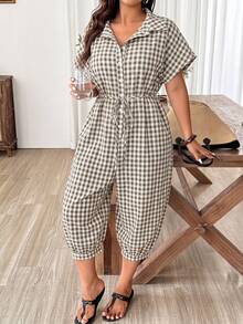 Weeklong Plus Size Casual Loose Plaid Jumpsuit For Vacation - Multicolor - View 6