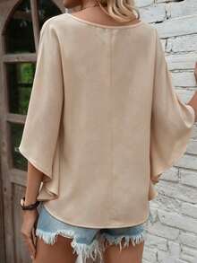 EMERY ROSE Blusa minimalista de unicolor con escote en V para mujer - Albaricoque - Ver 2
