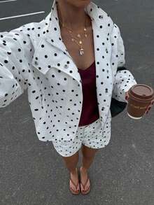 SHEIN PETITE Women's Fashion Polka Dot Print Zipper Front Long Sleeve Jacket And Shorts 2-Piece Set - Black and White - View 1