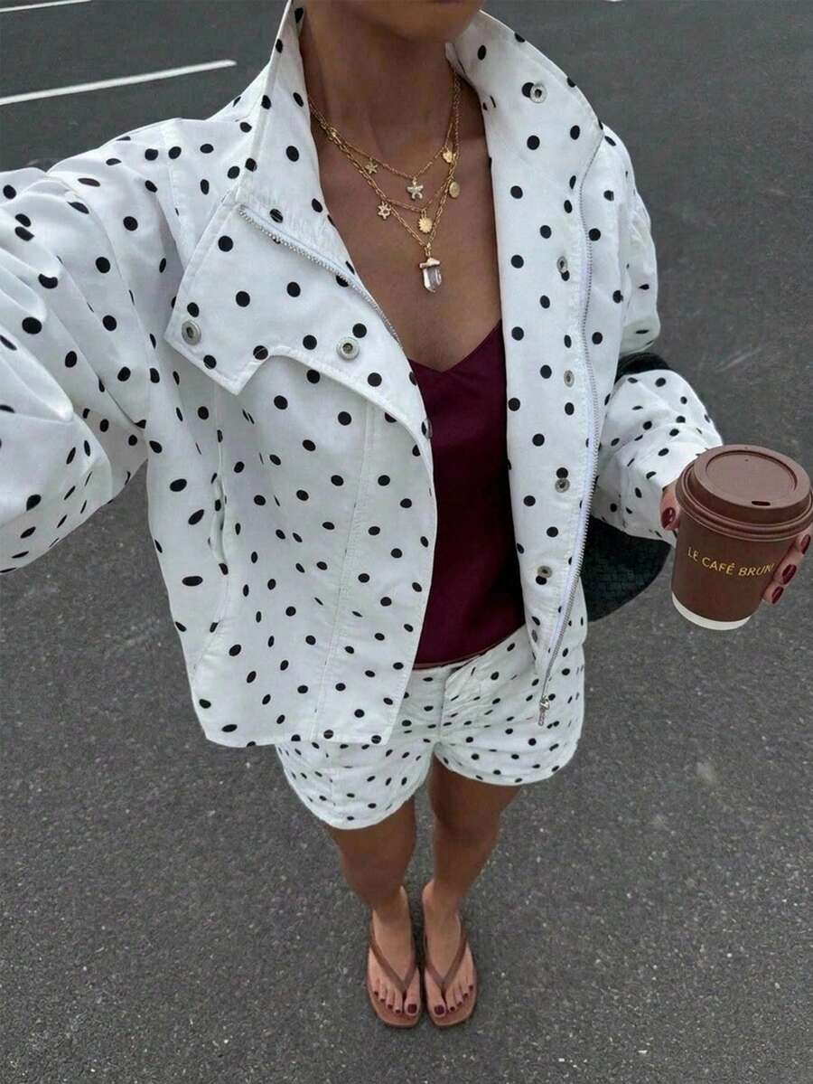 SHEIN PETITE Women's Fashion Polka Dot Print Zipper Front Long Sleeve Jacket And Shorts 2-Piece Set - Black and White - View 1
