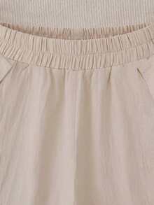 Breezaya Plus Size Linen Women's All-Season Casual Long Pants, Featuring Drawstring And Cuff Design, Linen Textured Fabric, Elastic Drawstring Waist And Cuff Detail With Wooden Button Decoration, Creating A Relaxed And Elegant Look, Suitable For Vacation Or Light Casual Occasions, Versatile Choice Among Khaki Elegant Long Pants And Loose Tapered Pants. - Khaki - View 5
