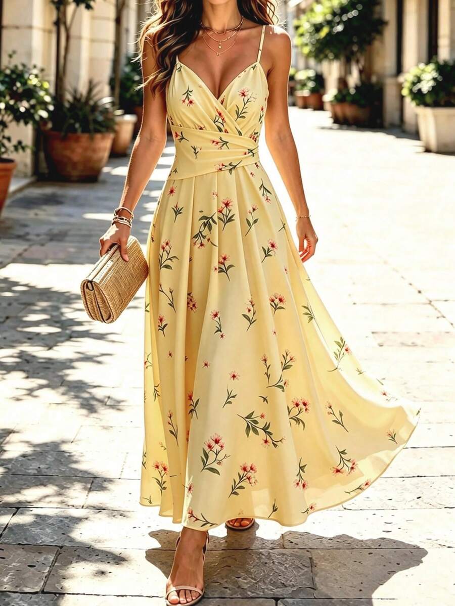 SHEIN PariChic 女款夏季花卉印花抽褶腰細肩帶洋裝，適合海灘度假、旅行與拍照