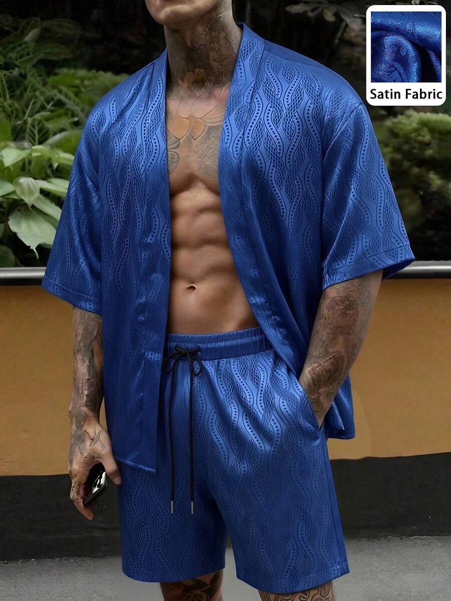 Genlund 男士全印花開襟短袖襯衫與抽繩腰短褲休閒日常套裝 - 寶藍色 - 查看 1