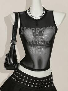 SHEIN ICON Y2k 夏季黑色网纱透视性感水钻亮片女士水钻字母网纱露背紧身吊带背心 - 黑色 - 查看 11