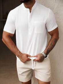 Manfinity Homme Men's Solid Color Button Half-Placket Stand Collar Short Sleeve Shirt And Drawstring Elastic Waist Shorts 2-Piece Set - White - View 4