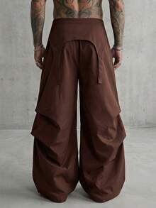 AXEPEAK Men's Solid Color Buckle Design Pleated Wide Leg Loose Fit Long Pants - Brown - View 2