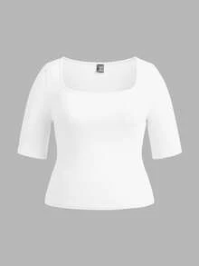 SHEIN BASICS 3件裝休閒純色針織方領短袖修身大尺碼T恤 - 彩色 - 查看 7