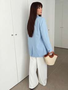 Hitanina Women's Business Style Solid Color Double-Breasted Blazer Jacket For Commuting, Autumn  - Baby Blue - View 2