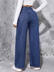 SHEIN PETITE High Waist Wide Leg Jeans ,Petite Women - Dark Wash - View 2