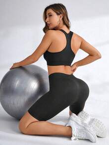 SHEIN Sports 女款簡約百搭緊身運動短褲，適合瑜伽與跑步 - 深灰色 - 查看 5