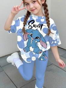 SHEIN Kawaii Young Girls 2-Piece Set Blue Rabbit Stitch Pattern,Graphic Tops & Tight Shorts,Korean Style Summer School Outfits,Casual Ballerina Floral Set - Multicolor - View 7