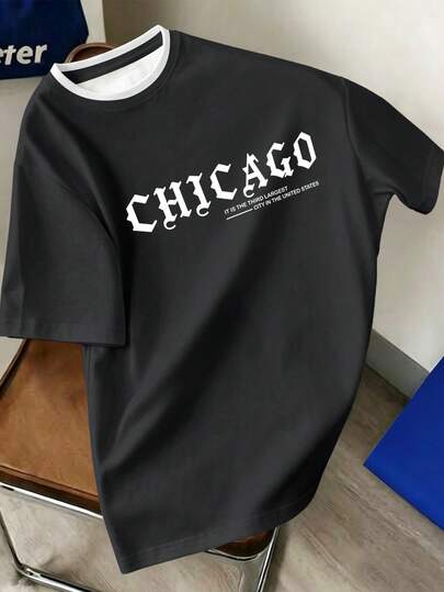 Chillumni 男士復古對比色白色滾邊圓領短袖 CHICAGO 字母印花 T 恤