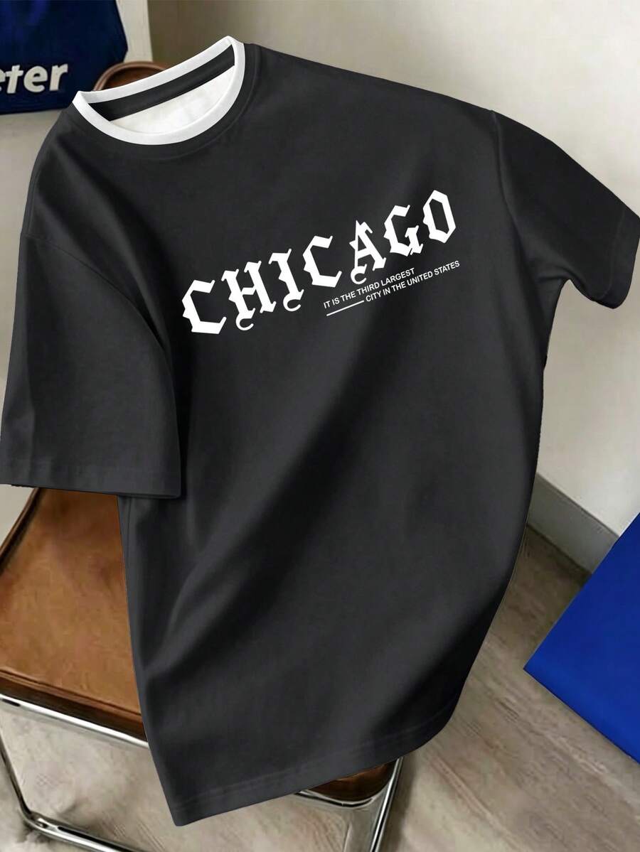 Chillumni Men's Vintage Contrast Color White Trim Crew Neck Short Sleeve CHICAGO Letter Print T-Shirt - Multicolor - View 1