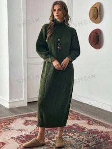 Aalyst 女款素色高領落肩長袖休閒針織洋裝 - 軍綠色 - 查看 7