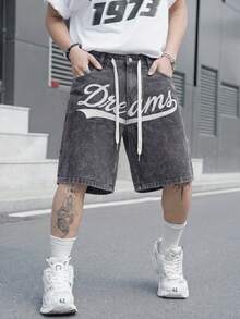 Manfinity EMRG 男士街頭風休閒刺繡深灰色牛仔短褲 - 深灰色 - 查看 7