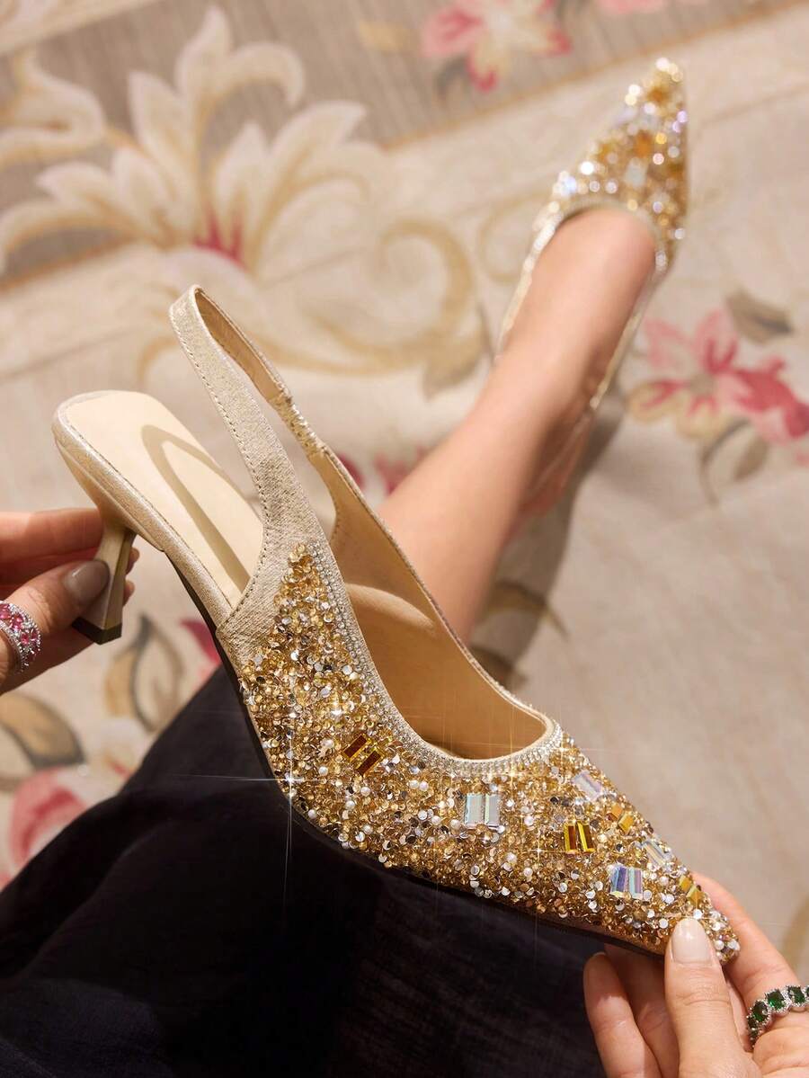 CUCCOO TILAWA Women's Rhinestone Pointed Toe Shiny Fashionable High Heels, Versatile For Daily Wear Valentine's Day - Gold 4 - View 1
