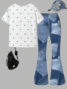 SHEIN Elladie kids 2件組復古愛心印花T恤與喇叭褲套裝，可愛夏季返校女孩穿搭，Y2K校園風，新款圓領短袖T恤搭配鬆緊腰喇叭長褲，簡約百搭時尚通勤套裝 - 彩色 - 查看 3