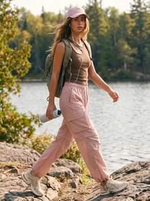 WanderVale Women's Solid Color Drawstring Waist Cargo Pocket Hiking Pants - Pink - View 3