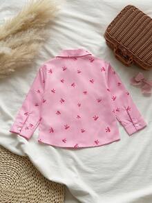 SHEIN Vintaside Kids 女童檸檬條紋印花清新輕盈設計襯衫，翻領長袖寬鬆休閒襯衫，仿檸檬刺繡圖案，春/秋休閒襯衫 - 粉色 - 查看 2