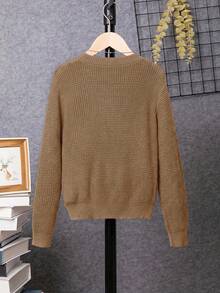 SHEIN 男童長袖圓領修身簡約鳳梨圖案套頭毛衣 - 卡其色 - View 2