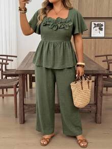 SHEIN CURVE+ Plus Size 3D Floral Decor Ruffle Hem Top And Loose Long Pants 2 Pieces Set - Army Green - View 6