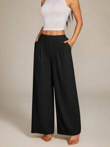 SHEIN PETITE Women's High-Waist Solid Color Pleated Wide Leg Loose Basic Casual Pants Autumn Work Office Black - Black - View 3