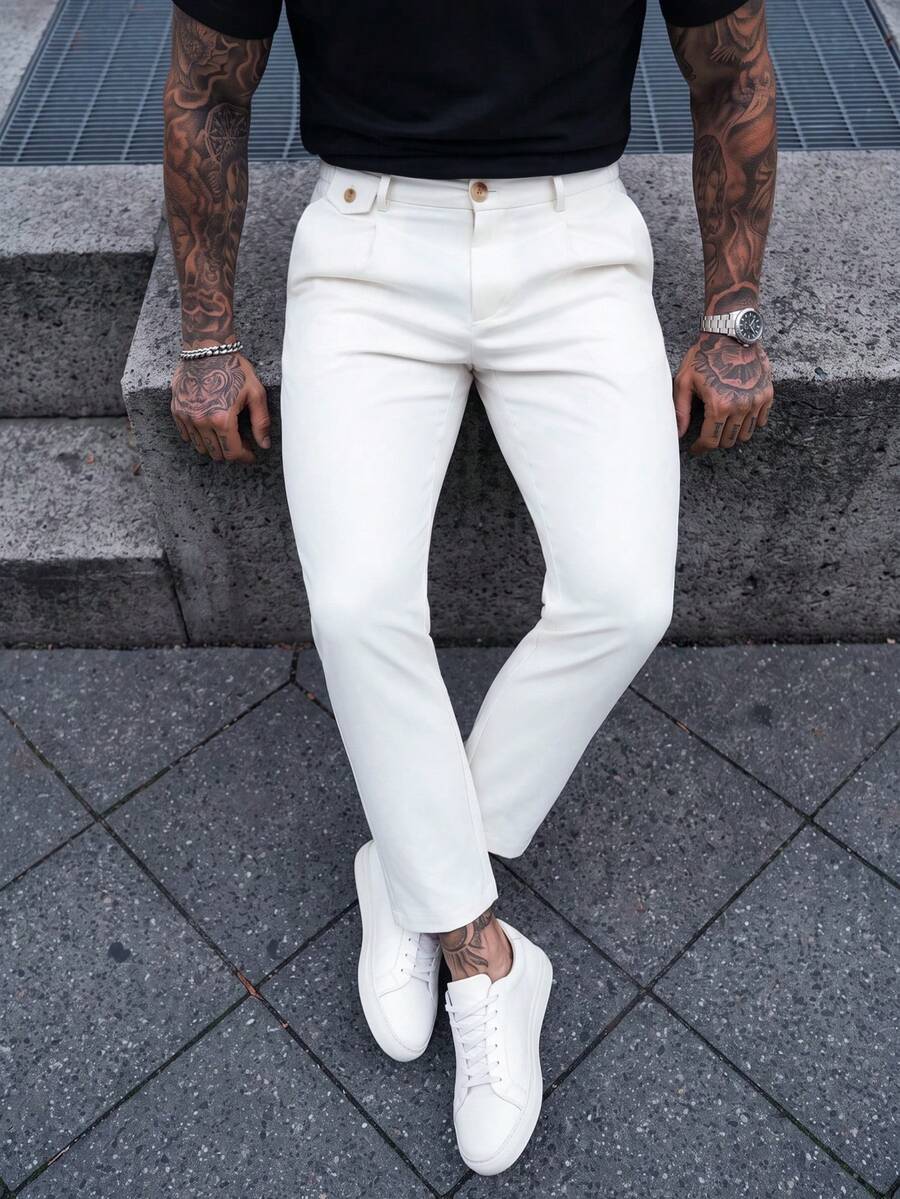 Manfinity CasualCool 男士素色直筒休閒通勤長褲,附口袋 - 白色 - 查看 1