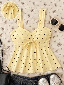 Teen Girls Polka Dot Pattern Knit Texture Ruched Chest Casual Fitted Camisole - Multicolor - View 5