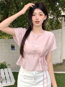 DAZY Women's Solid Color Round Neck Casual Versatile Daily Wear Shirt Summer - Pink - View 6