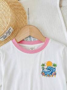 SHEIN 女童草莓图案针织柔软圆领短袖落肩上衣和条纹短裤两件套 - 粉色 - 查看 7
