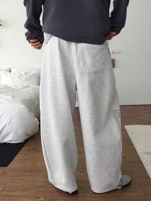 DAZY Spring/Autumn Small Loop Knit Sweatshirt Fabric Grey Knee Pleated Curved Leg Loose Waistband Drawstring Relaxed Fit Men's Pants - Grey - View 2