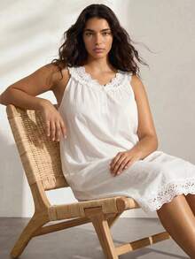 Ocili Leisure Comfortable Minimalist 100% Cotton Plain Weave Embroidered Water-Soluble Lace Women's Loungewear Dress Plus Size Nightgown - White - View 2