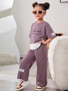 2pcs/Set Setelan Anak Perempuan Kasual Longgar Rajut Leher Bulat Motif Patchwork Kontras Warna Kaos dan Celana Panjang Lebar, Kembali ke Sekolah - Purple - View 1