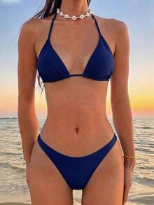 Swim Basics 女士夏季海滩纯色露背性感比基尼套装，度假比基尼套装 - 藏蓝色 - 查看 3