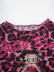 Betty Boop x SHEIN 度假海灘比基尼套裝，豹紋卡通圖案遮陽上衣 - 玫紅色 - 查看 8