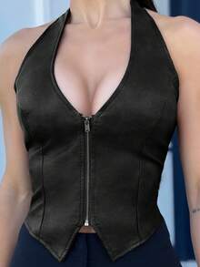 Yohana Edit Women's Solid Color Fashion Zipper Collar PU Leather Halter Top,Black Top,Sexy Top Casual - Black - View 3