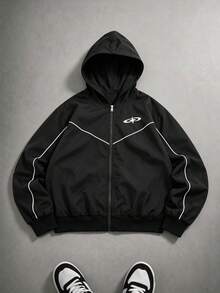 Vacaura American Street Racing Style Hooded Jacket With Contrast Curved Stitching, Zip-Up Hooded Outerwear, Short Loose Fit Snug Fit Versatile Design, Suitable For All Body Types, Full Zip Closure For Flexible Styling, Ideal For Daily Wear, Street Style, Spring/Autumn Single Wear, Early Winter Layering - Black - View 1