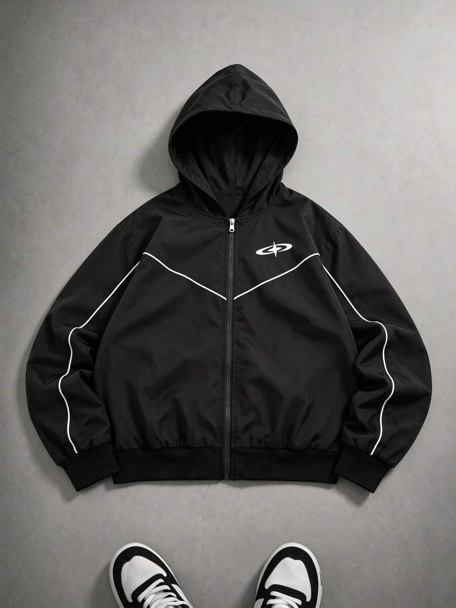 Vacaura American Street Racing Style Hooded Jacket With Contrast Curved Stitching, Zip-Up Hooded Outerwear, Short Loose Fit Snug Fit Versatile Design, Suitable For All Body Types, Full Zip Closure For Flexible Styling, Ideal For Daily Wear, Street Style, Spring/Autumn Single Wear, Early Winter Layering - Black - View 1