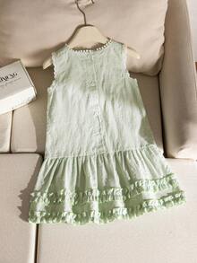 SHEIN Genkimix Kids 女童夏季法式鄉村風舒適3D提花面料荷葉邊無袖背心洋裝，適合日常穿著 - 綠色 - 查看 2