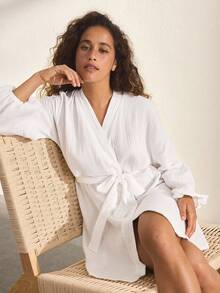Ocili Leisure Pure Cotton Double Layer Crepe Fabric Minimalist Comfortable Neutral Soft Long Sleeve Robe Pajamas Women's Loungewear - White - View 2