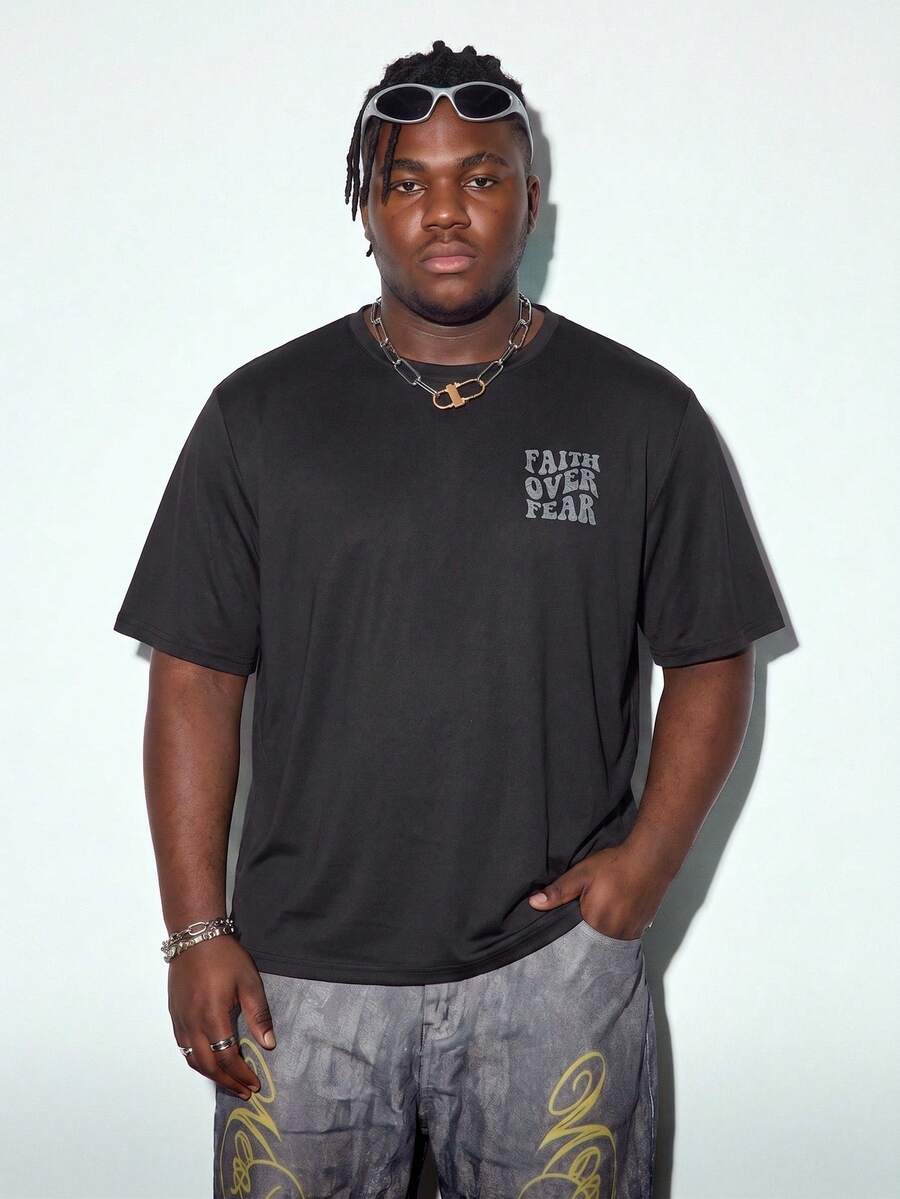 Modcrash Plus Size Men Slogan "Conquer Fear" Print Street Style Round Neck Short Sleeve T-Shirt - Black - View 1