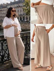 SHEIN Maternity Spring/Summer Comfortable Elastic Waist Drawstring Solid Color Long Pants Suitable For Beach, Holiday, Vacation,,Autumn Outfit For Women - Khaki - View 1