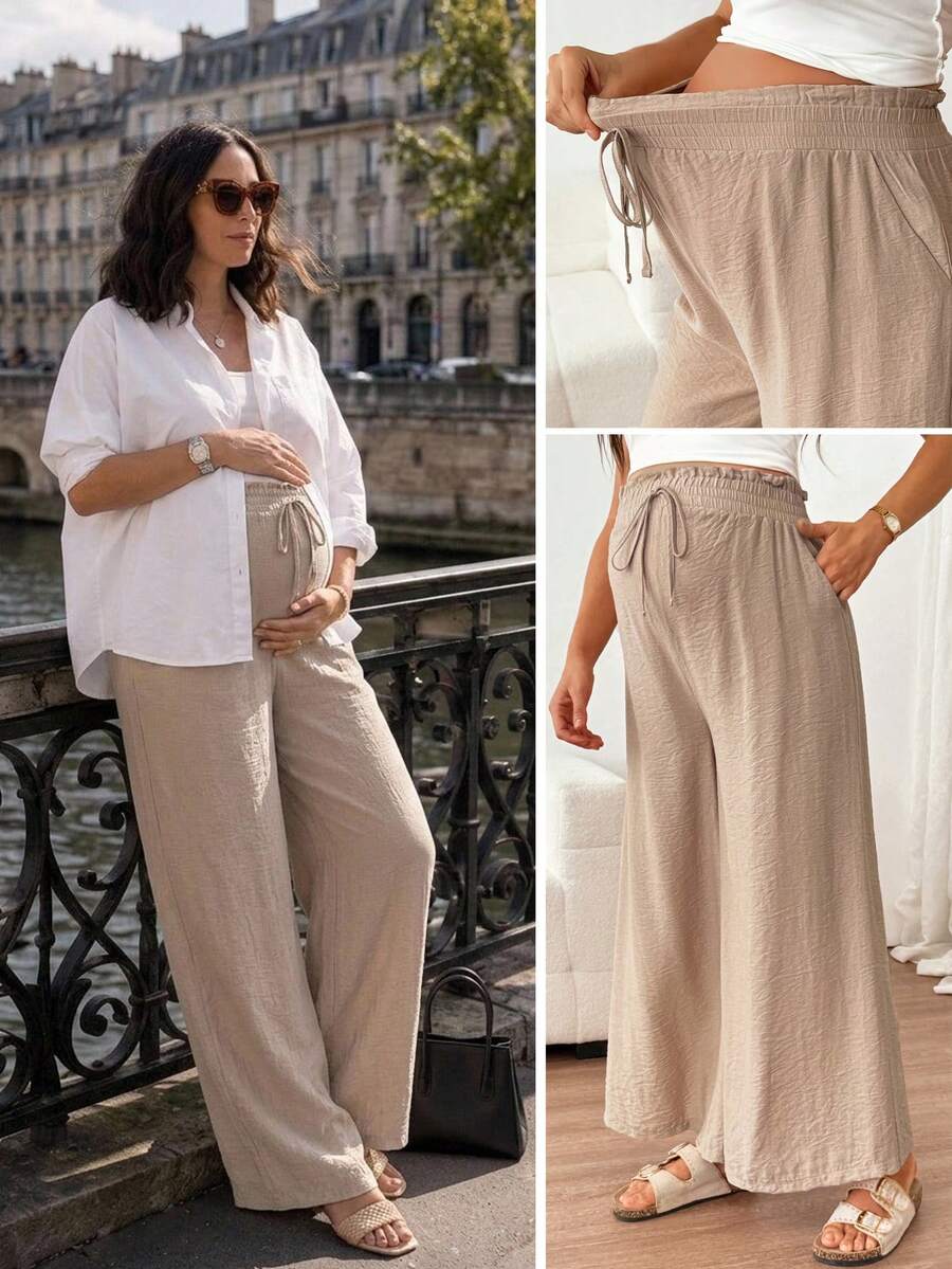 SHEIN Maternity Spring/Summer Comfortable Elastic Waist Drawstring Solid Color Long Pants Suitable For Beach, Holiday, Vacation,,Autumn Outfit For Women - Khaki - View 1