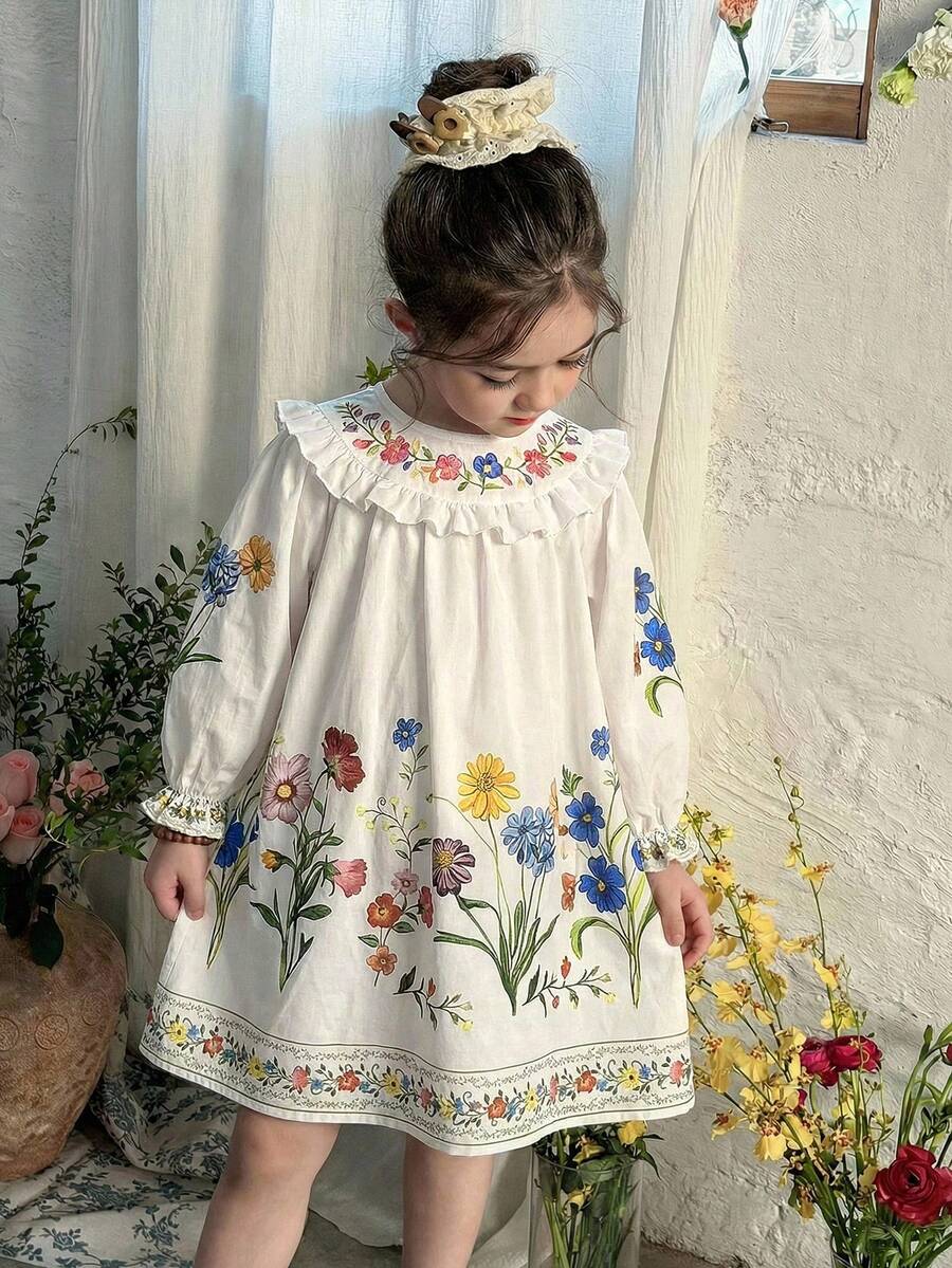 SHEIN LMoss Kids 女童雪纺碎花荷叶边休闲连衣裙 - 白色 - 查看 1