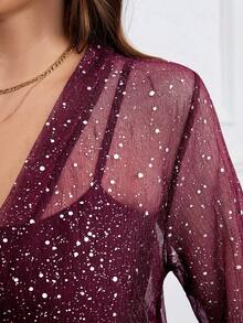 Reflora Plus Size Fashion Foil Mesh Cropped Jacket - Pink - View 5