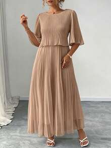 Elenzga Plus Size Solid Color Elegant Chiffon Pleated Dress, Spring/Summer - Champagne - View 3