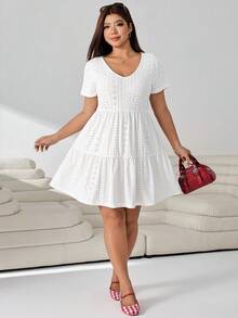 Solflare White Plus Size Women's Hollow Embroidery Short Sleeve Ruffle Hem Casual Boho Bohemian Dress Dinner Vacation Summer - White - View 6