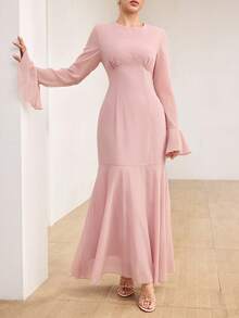 Graceveil Elegant Polka Dot High Neck Flared Sleeve Cinched Waist Mermaid Dress - Pink - View 6