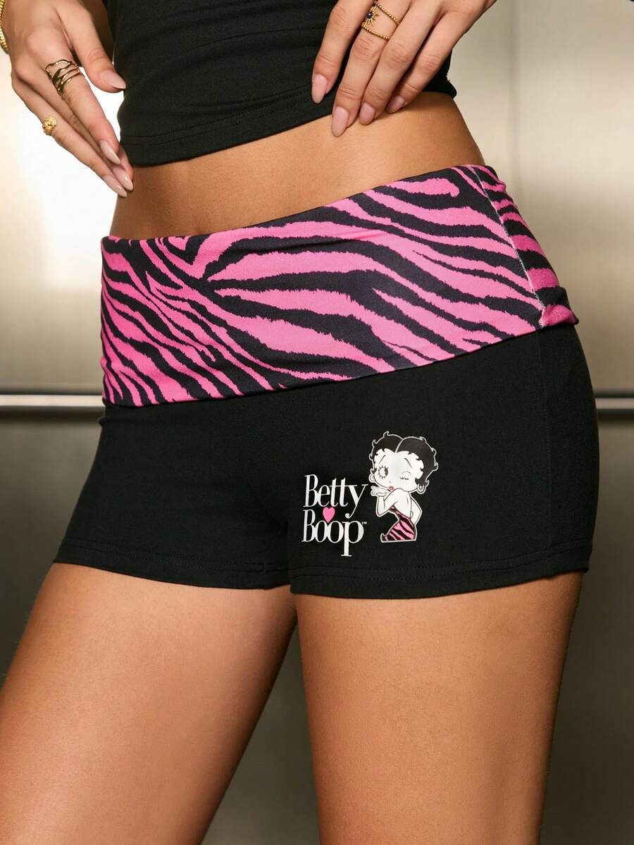 Betty Boop x SHEIN Women's Zebra Print Cartoon Pattern Sexy Fitted Shorts - Black - View 1